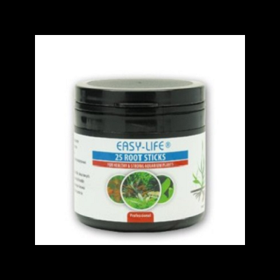 Recipiente preto com etiqueta branca e tampa preta, contendo 25 root sticks para plantas de aquário