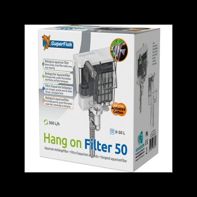 Caixa do filtro para aquário Hang on Filter 50 da SuperFish com imagens e informações técnicas