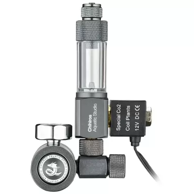 Regulador e solenoide CO2 Chihiros Aquatic Studio metal cinzento com texto