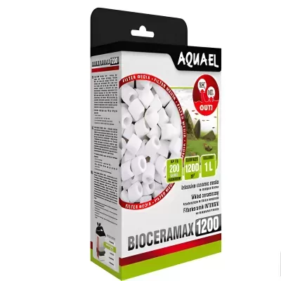 Embalagem do produto AQUAEL BIOCERAMAX 1200 com grânulos cerâmicos brancos para filtro de aquário.