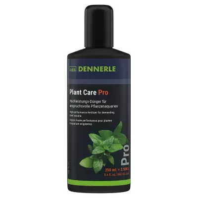 Frasco de fertilizante líquido para plantas DENNERLE Plant Care Pro com rótulo azul e verde, folhas verdes na imagem.