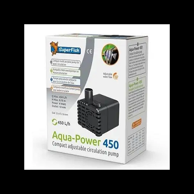 Bomba de circulação ajustável compacta SuperFish Aqua-Power 450 em caixa branca