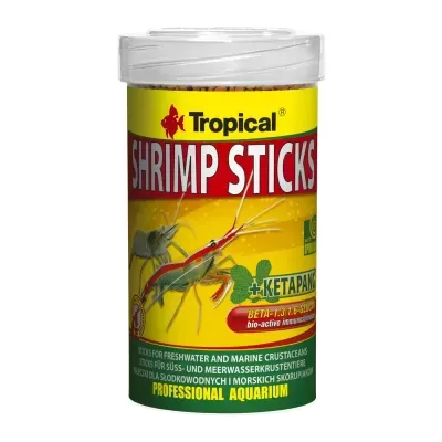 Embalagem de sticks para camarões da marca Tropical com rótulo colorido