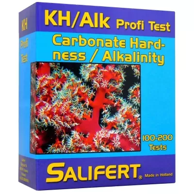 Embalagem Salifert KH/Alk Profi Test azul e roxa com coral vermelho na imagem