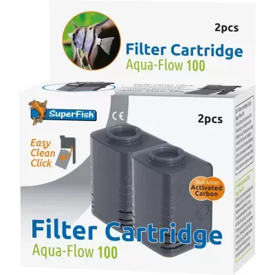 Cartuchos de filtro Aqua-Flow 100 da SuperFish em embalagem branca com texto e imagem de peixe