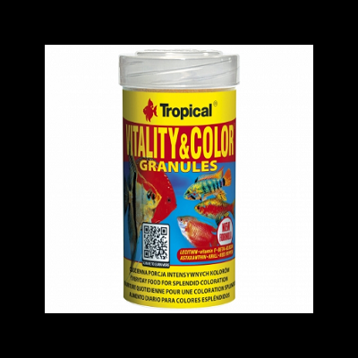 Embalagem amarela e vermelha de granulado para peixes Tropical Vitality & Color com peixes coloridos