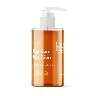 Frasco com líquido castanho e tampa dispensadora branca de produto Premium Nutrition da Tropica.