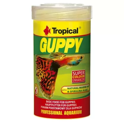 Embalagem de comida para peixes Tropical GUPPY com design vermelho, amarelo e verde