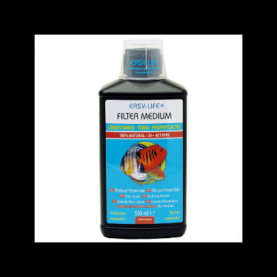 Frasco preto de filtro para aquário Easy Life com rótulo azul e imagem de peixes