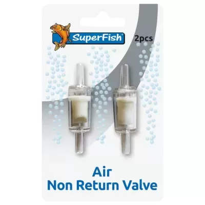 Duas válvulas transparentes de não retorno para ar em embalagem branca da marca SuperFish.