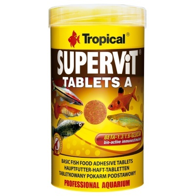 Frasco de comida para peixes Tropicália SUPERVIT TABLETS A com peixes coloridos na embalagem