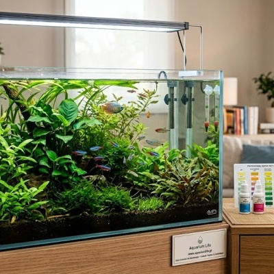 Guia Essencial de Manutenção: Como Garantir a Estabilidade do Seu Aquário Aquário de vidro com peixes e plantas e produtos para aquários numa sala