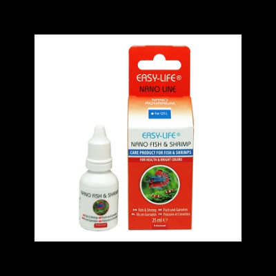 Produto Easy-Life Nano Fish & Shrimp, frasco branco e embalagem colorida com imagem de peixe
