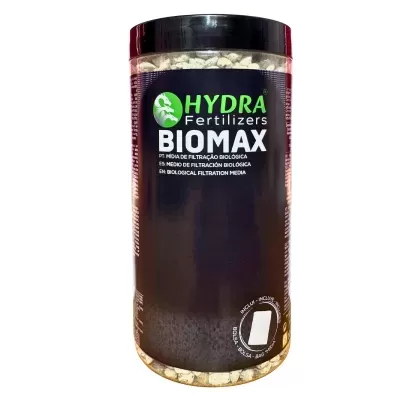 Frasco de fertilizante Hydra Biomax com rótulo preto e texto verde e branco