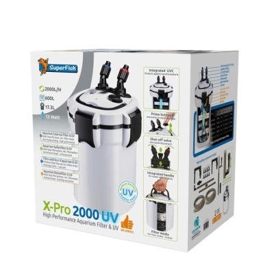 Filtro externo para aquário SuperFish X-Pro 2000 UV branco e preto com caixas ilustrativas e texto