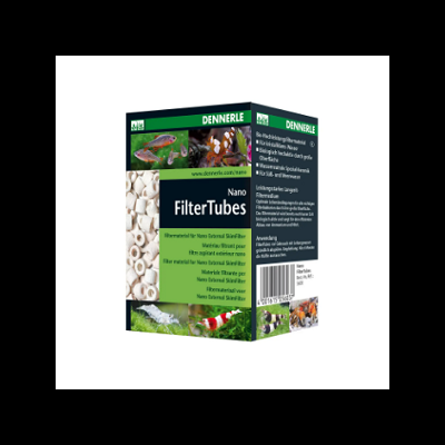 Embalagem DENNERLE Nano FilterTubes com tubos cerâmicos brancos e peixes