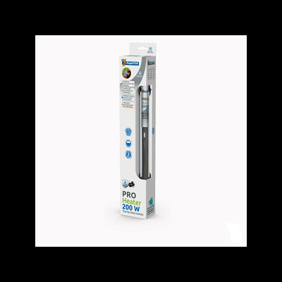 Aquecedor para aquários PRO Heater 200 W na embalagem branca com texto azul e verde
