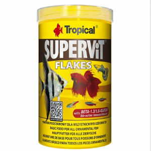 Embalagem amarelo e preto de flocos de alimento para peixes Tropical Supervit