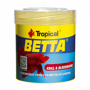 Embalagem de alimento para peixe Tropical Betta com imagem de peixe vermelho e texto em amarelo e azul