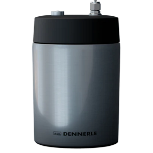 Frasco cilíndrico metálico prateado com tampa preta e válvulas, marca DENNERLE