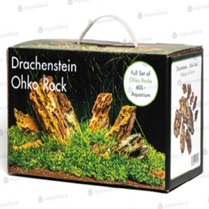 Caixa preta com rochas e plantas para aquário