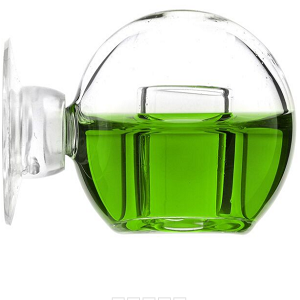 Frasco redondo de vidro com líquido verde e tampa redonda