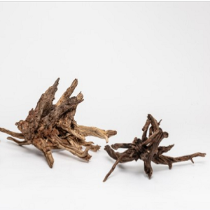 Dois pedaços de madeira seca com galhos sobre superfície branca