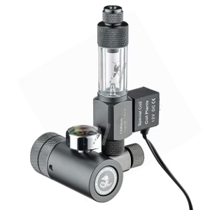 Dispositivo eletrônico preto com válvula solenoide e componente cilíndrico metálico texturizado