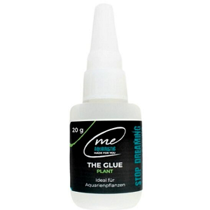 Frasco pequeno de cola branca com rótulo preto e azul