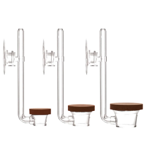 Três mini aquários de vidro com ventosas e tampas castanhas em tamanhos diferentes