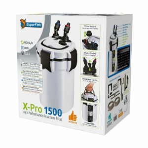Caixa do filtro de aquário SuperFish X-Pro 1500 branco e preto com texto e imagens explicativas