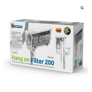 Embalagem de filtro Hang on Filter 200 da marca SuperFish com imagem do produto.
