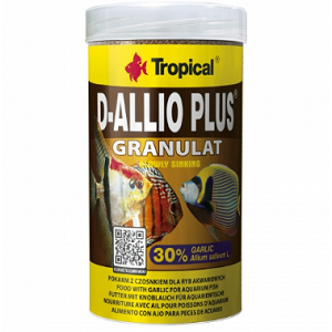 Embalagem de granulados para peixes tropicais D-ALLIO PLUS em cores amarelo e castanho