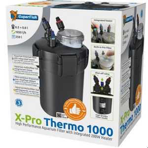 Caixa do filtro para aquário SuperFish X-Pro Thermo 1000 preto com informações técnicas