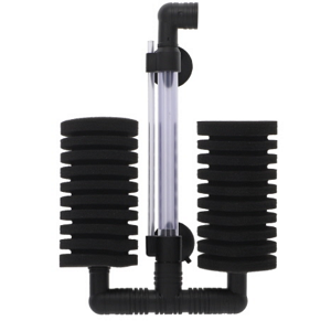 Filtro de aquário com esponjas pretas e tubo transparente