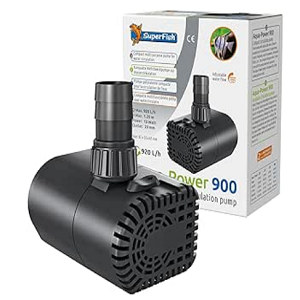 Bomba de circulação aquática preta Power 900 com caixa de embalagem branca ao fundo