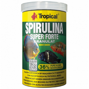 Embalagem de suplemento Spirulina Super Forte Granulat da Tropical com imagens de peixes