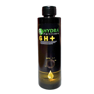 Frasco preto de fertilizante Hydra GH+ com texto e imagem de gota dourada