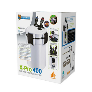 Filtro para aquário SuperFish X-Pro 400 em embalagem branca e preta