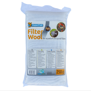 Embalagem branca de Filter Wool da marca SuperFish para filtros de aquário e lago, com 250 g