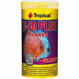 Pote de flocos de alimento para peixes Tropical D-50 PLUS FLAKES com rótulo colorido e imagem de peixes