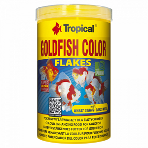 Embalagem amarela e azul de alimento em flocos para peixes dourados Tropical Goldfish Color