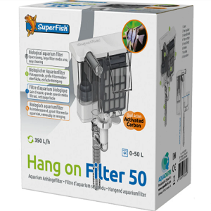 Caixa do filtro para aquário Hang on Filter 50 da SuperFish com imagens e informações técnicas