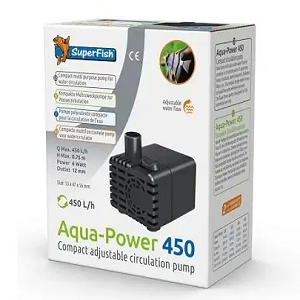 Bomba de circulação ajustável compacta SuperFish Aqua-Power 450 em caixa branca