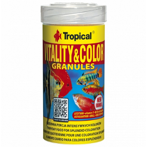 Embalagem amarela e vermelha de granulado para peixes Tropical Vitality & Color com peixes coloridos