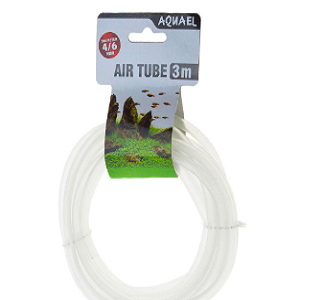 tubo de ar transparente enrolado com etiqueta azul da marca AQUAEL