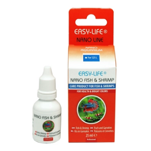 Produto Easy-Life Nano Fish & Shrimp, frasco branco e embalagem colorida com imagem de peixe
