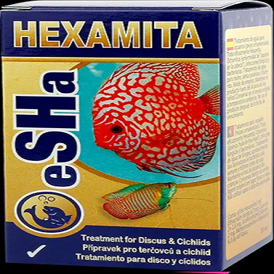 Embalagem colorida de tratamento para peixes com imagens de peixes discus e texto multilingue