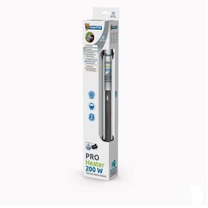 Aquecedor para aquários PRO Heater 200 W na embalagem branca com texto azul e verde