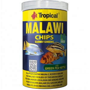 Lata Tropical Malawi Chips com peixes coloridos
